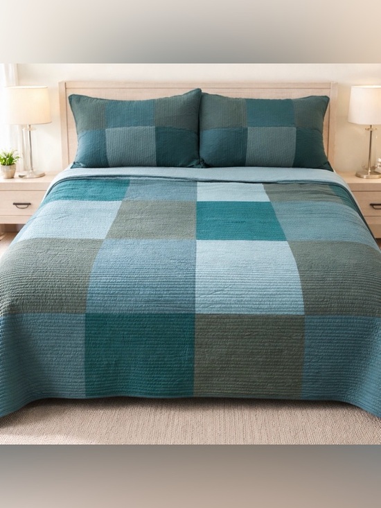 Pier 1 Imports Other - King Teal Aqua Quilt Set Patchwork Color Block Reversible w 2 King Shams Coastal